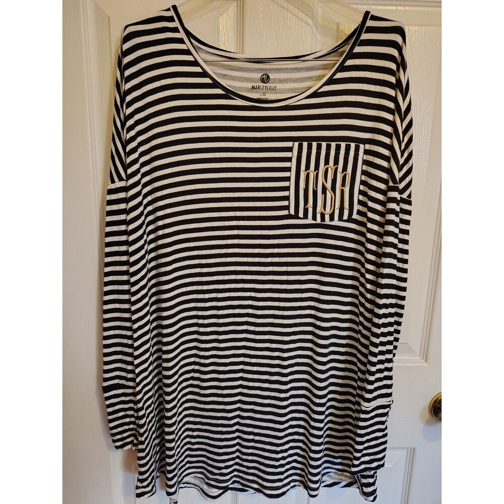 Marleylilly Women’s L/XL Black White Striped Scoop Neck Long Sleeve T-Shirt